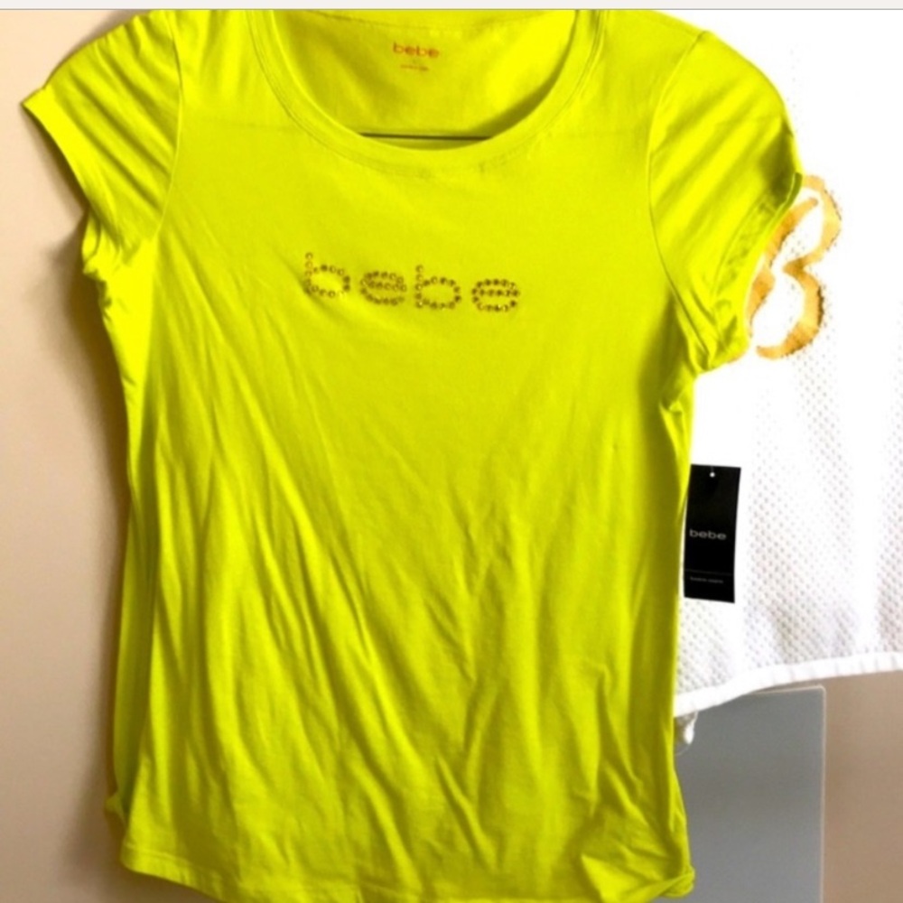 Bebe Neon Yellow Tee with Logo Embellishment